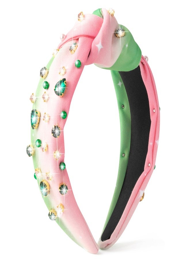 PANTIDE Witch Musical Jeweled Knotted Headband - Witch Musical Fans Gift Pearl Crystal Embellished Headband Wide Top Knot Fashion Pink Hairband Accessories Birthday for Women Girls (Green Rhinestone) - Image 1
